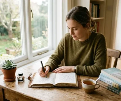 Femme écrivant dans un journal près de livres, illustrant pourquoi faire du développement personnel