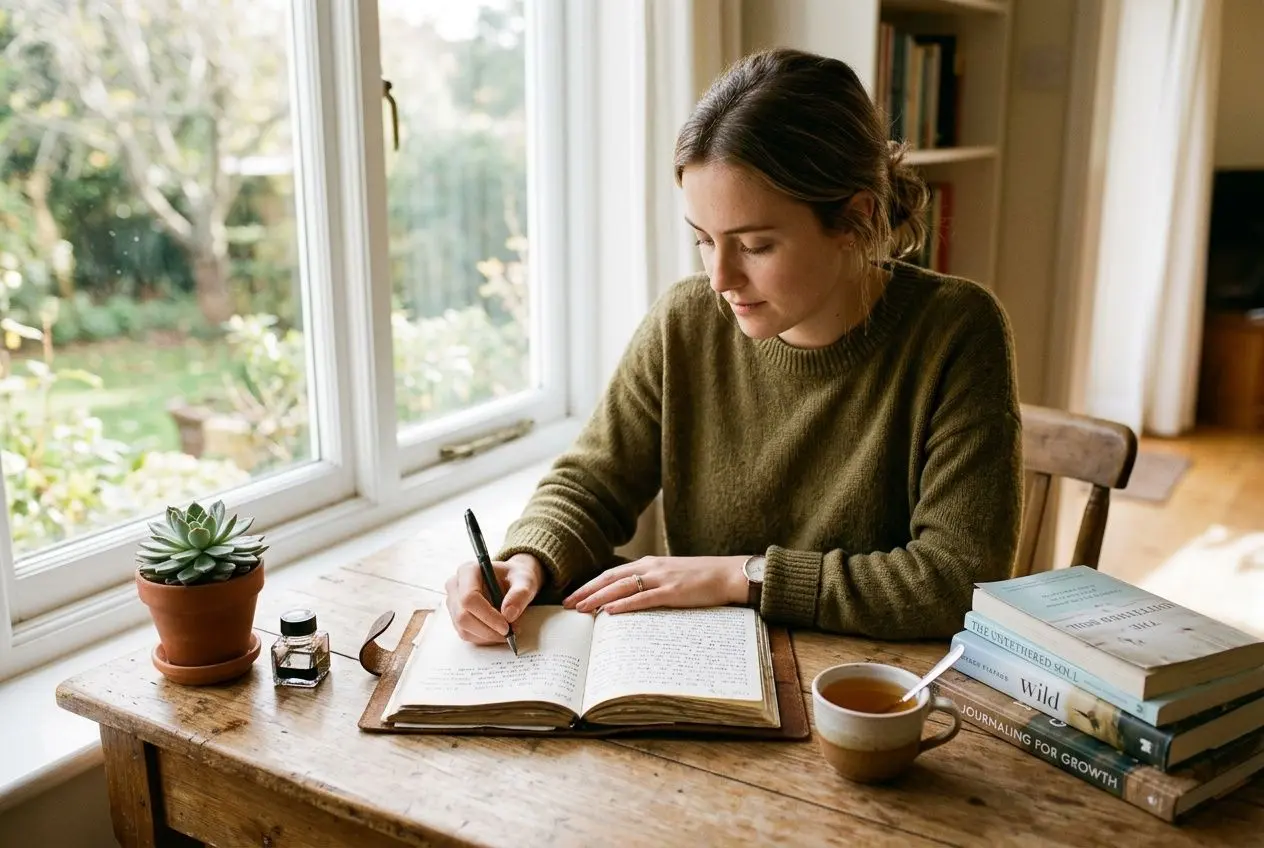 Femme écrivant dans un journal près de livres, illustrant pourquoi faire du développement personnel