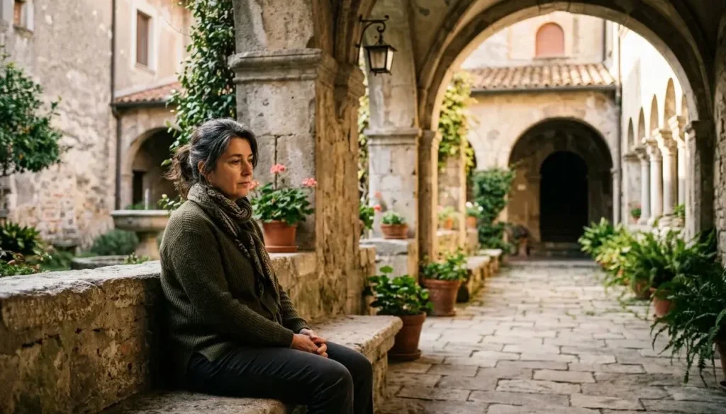 Femme mûre assise dans une cour médiévale paisible, arcades et voûtes en pierres, plantes en pots, ambiance contemplative. être soi-même philosophie dans le cadre.