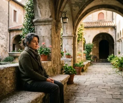 Femme mûre assise dans une cour médiévale paisible, arcades et voûtes en pierres, plantes en pots, ambiance contemplative. être soi-même philosophie dans le cadre.