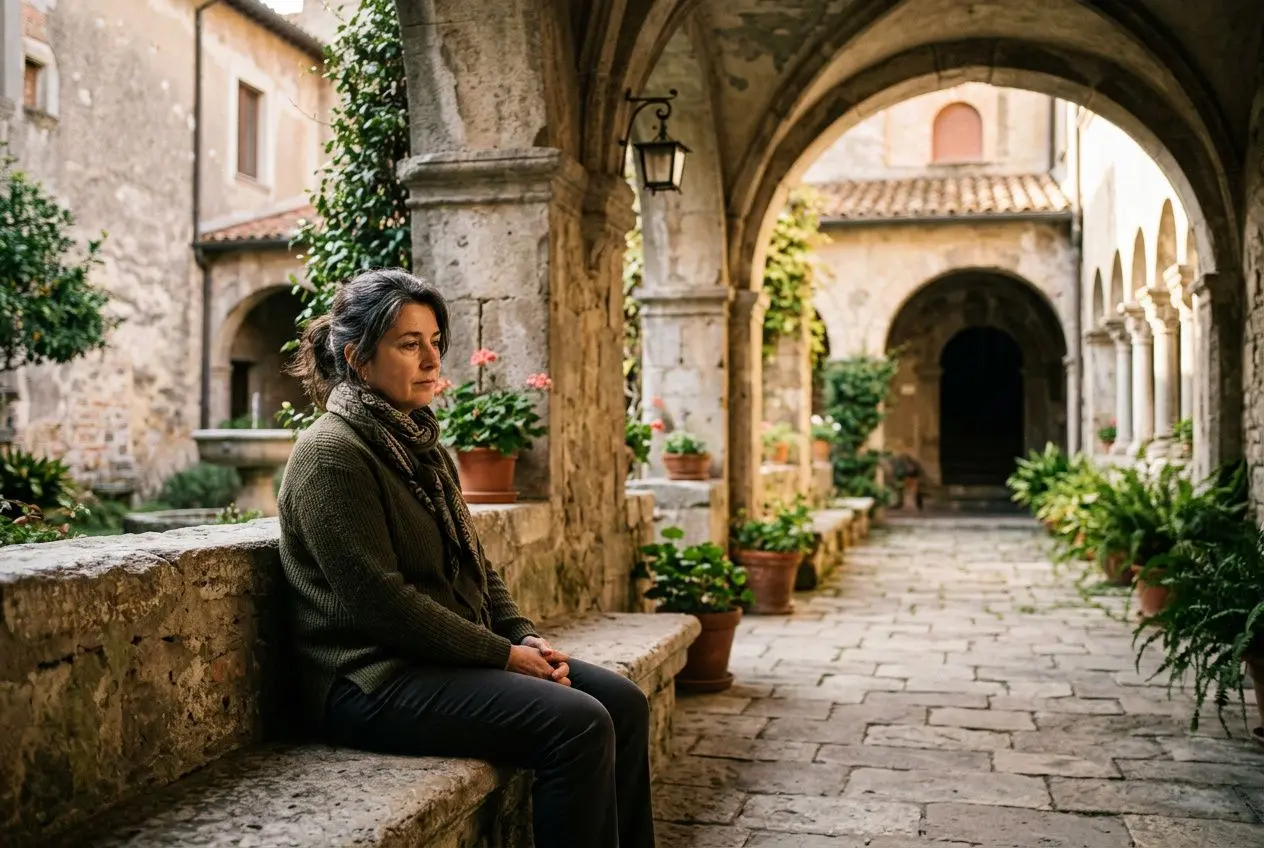 Femme mûre assise dans une cour médiévale paisible, arcades et voûtes en pierres, plantes en pots, ambiance contemplative. être soi-même philosophie dans le cadre.