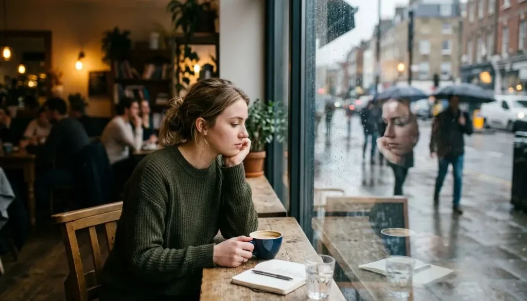Femme pensif.ve dans un café, regard pensif vers la vitre, tenant une tasse près d’un carnet; ambiance calme et introspective.