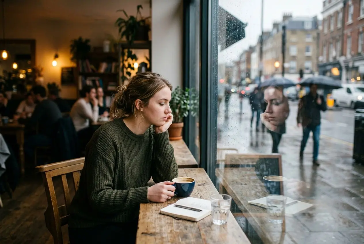 Femme pensif.ve dans un café, regard pensif vers la vitre, tenant une tasse près d’un carnet; ambiance calme et introspective.