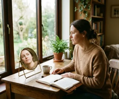 Femme regardant son reflet dans un petit miroir sur une table, écrivant dans un carnet près d’une fenêtre lumineuse.