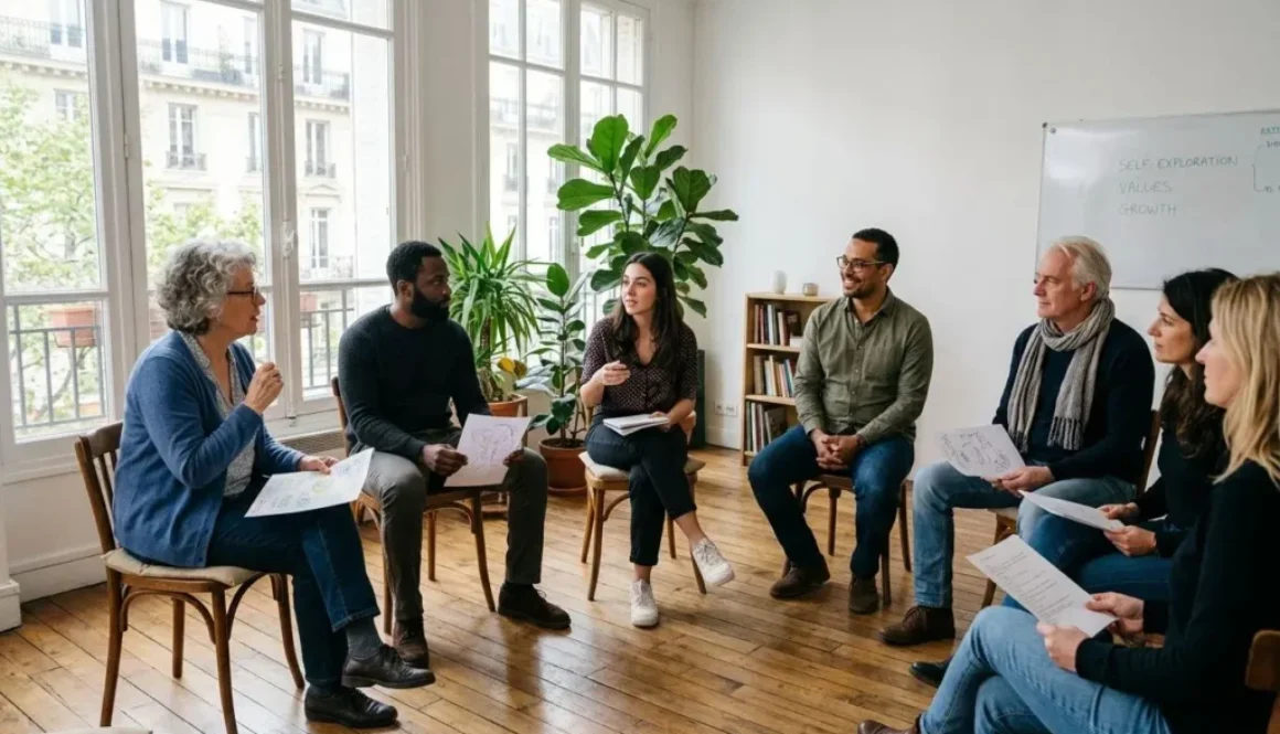 Groupe de personnes en cercle dans un atelier développement personnel paris, discutant autour de documents, ambiance collaborative et lumineuse.