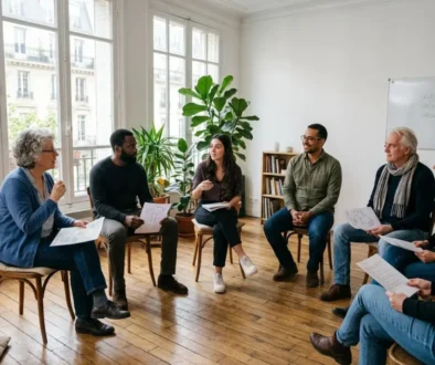 Groupe de personnes en cercle dans un atelier développement personnel paris, discutant autour de documents, ambiance collaborative et lumineuse.
