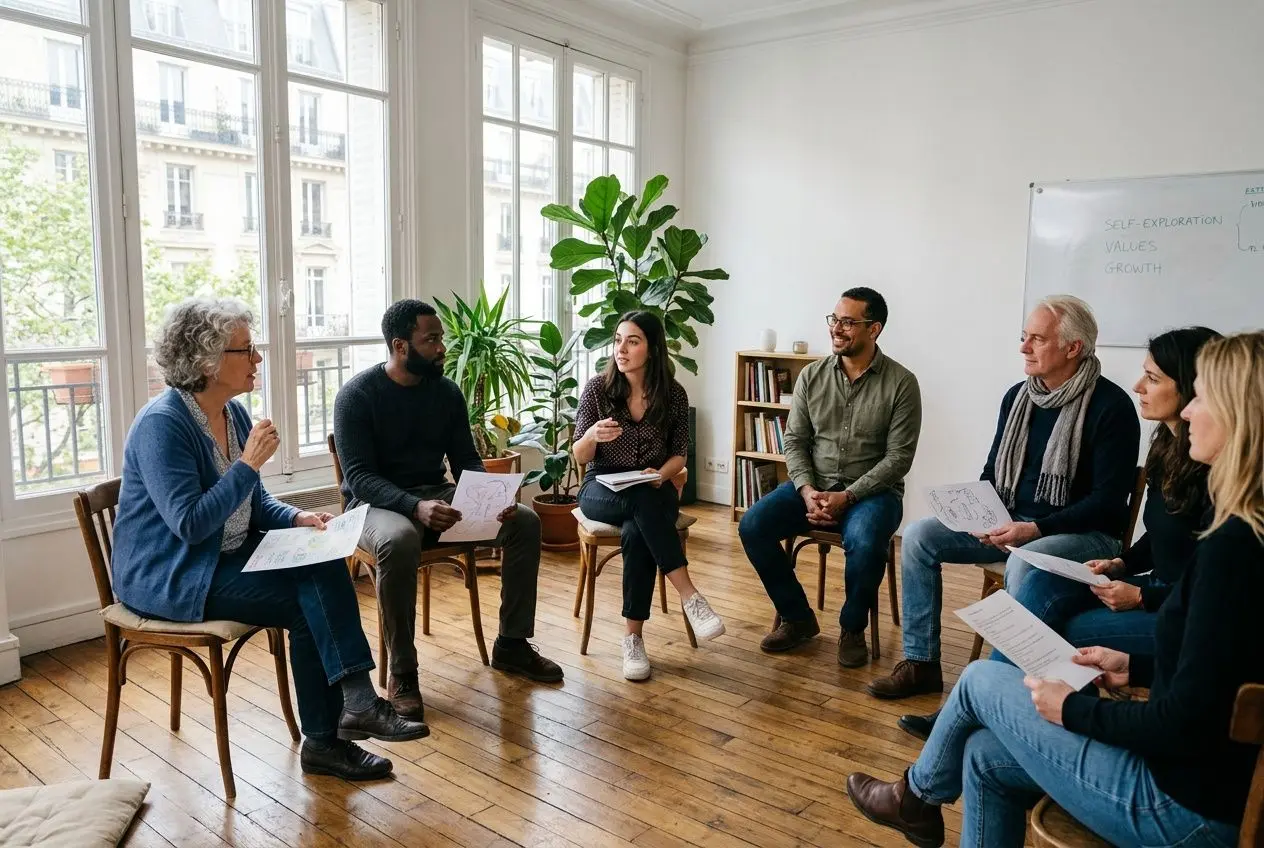 Groupe de personnes en cercle dans un atelier développement personnel paris, discutant autour de documents, ambiance collaborative et lumineuse.