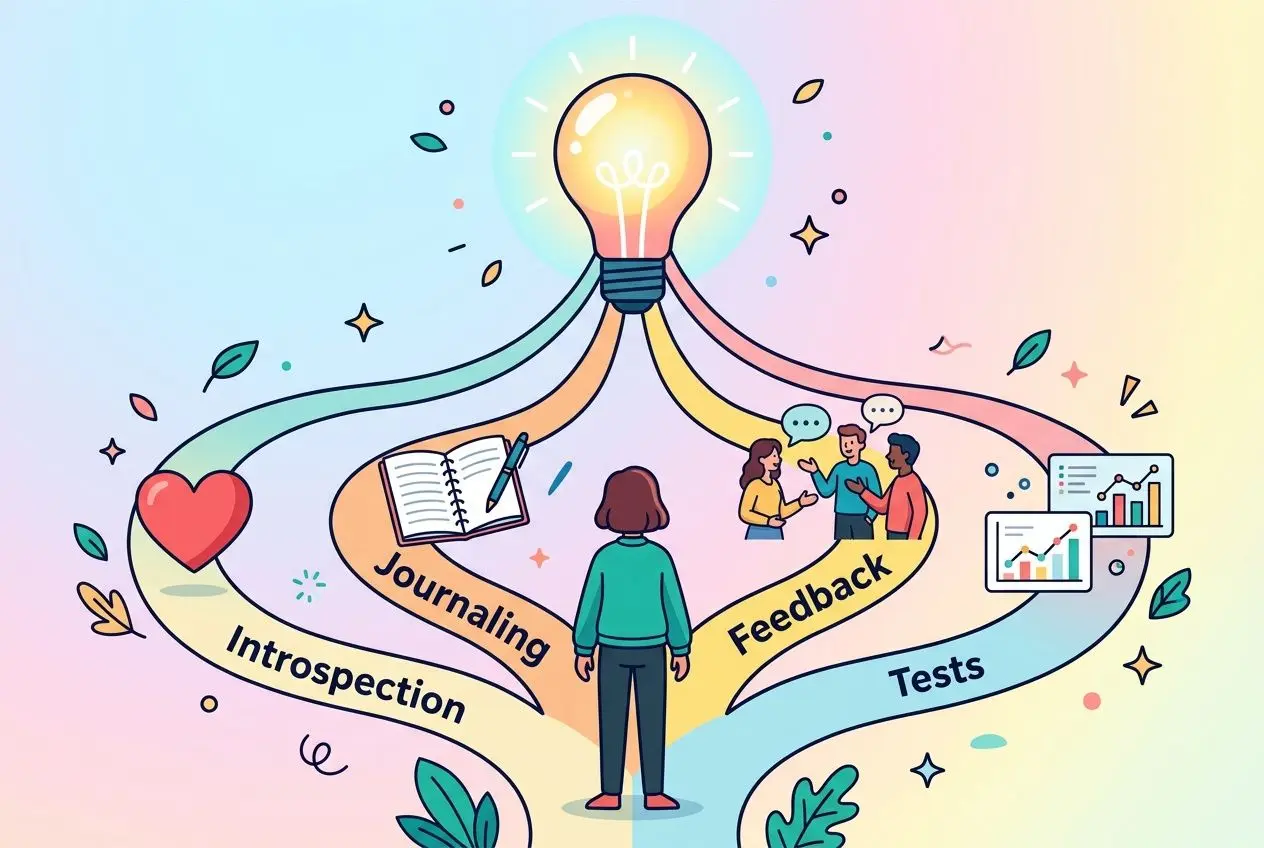 Illustration d’un individu au centre, connectant intuition, journaling et feedback via des rubans menant à une ampoule, thème “comment identifier ses talents”