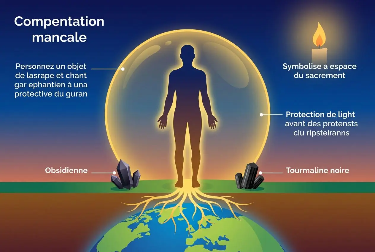 Illustration expliquant la compensation mancale autour d’un corps humain dans une bulle, avec racines qui connectent à la Terre et éléments mystiques. Comment découvrir ses capacités?