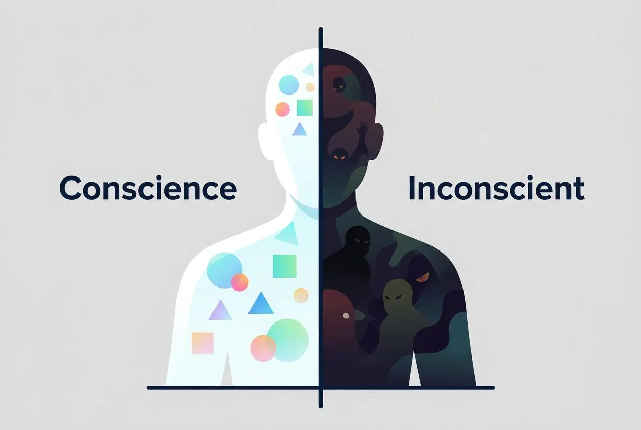 Illustration montrant la conscience et l’inconscient, moitié claire et moitié sombre, symbolisant l’être et l’ombre.référence à « être soi-même philosophie ».