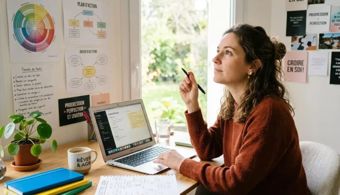 Jeune femme au bureau, réfléchissant avec un stylo devant un ordinateur portable et des affiches sur le mur, planifiant comment identifier ses soft skills.
