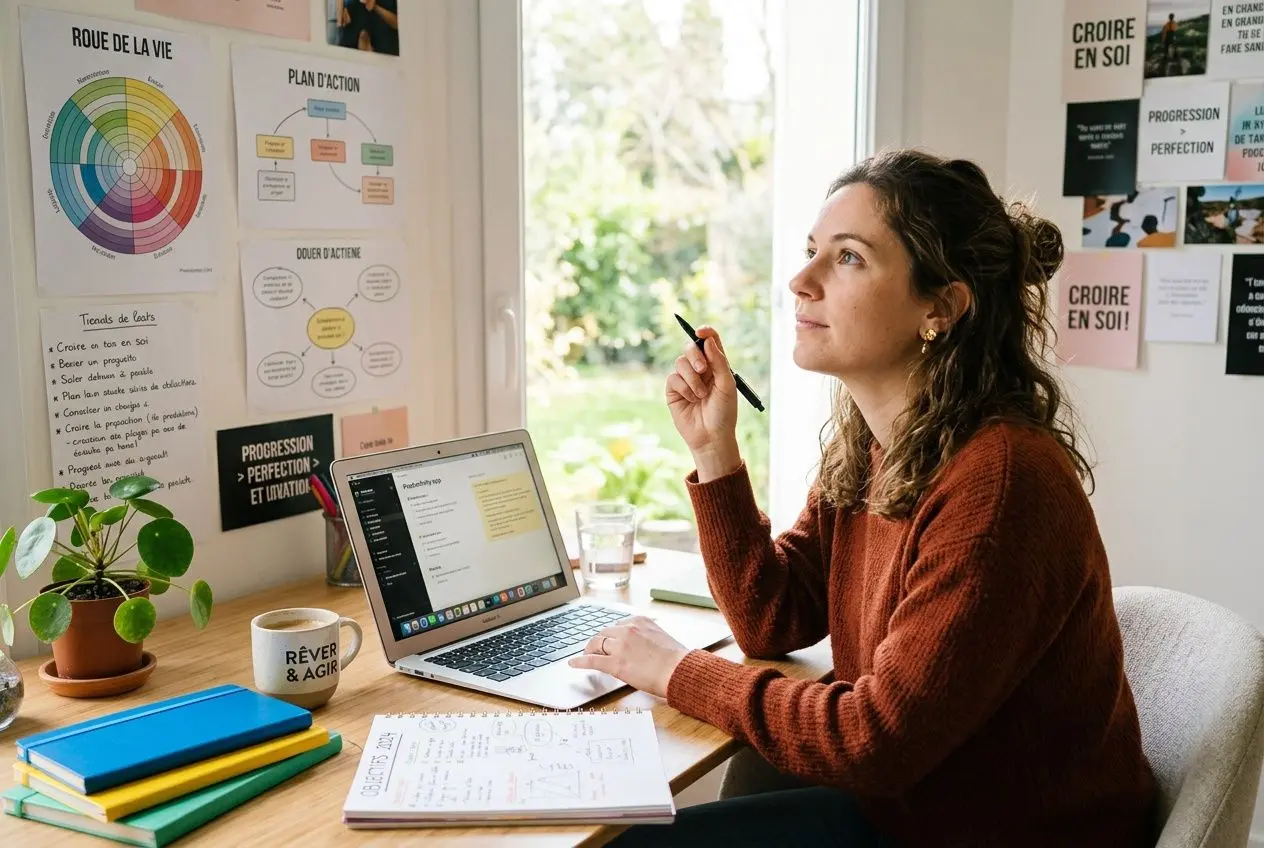 Jeune femme au bureau, réfléchissant avec un stylo devant un ordinateur portable et des affiches sur le mur, planifiant comment identifier ses soft skills.