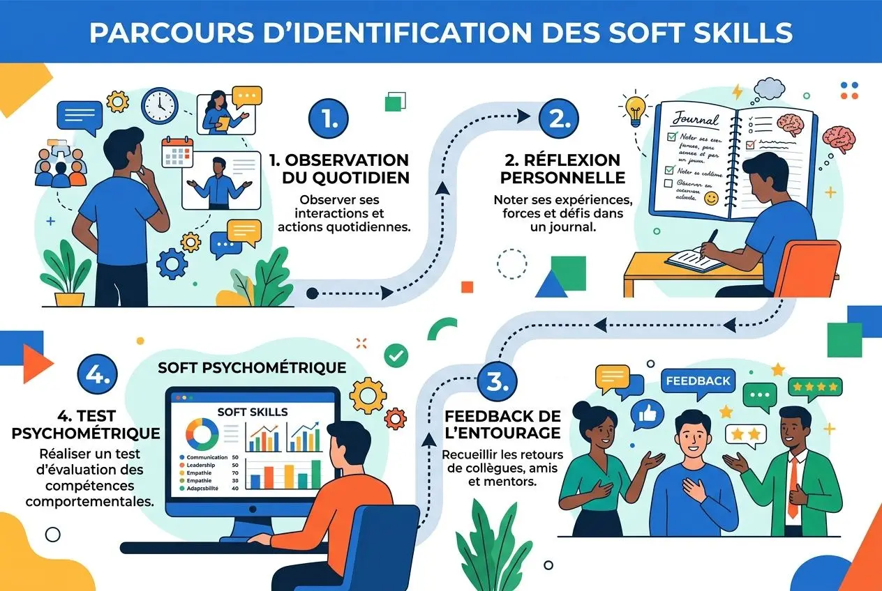 Parcours d’identification des soft skills avec observation, réflexion, feedback, et test psychométrique pour valoriser ces compétences.