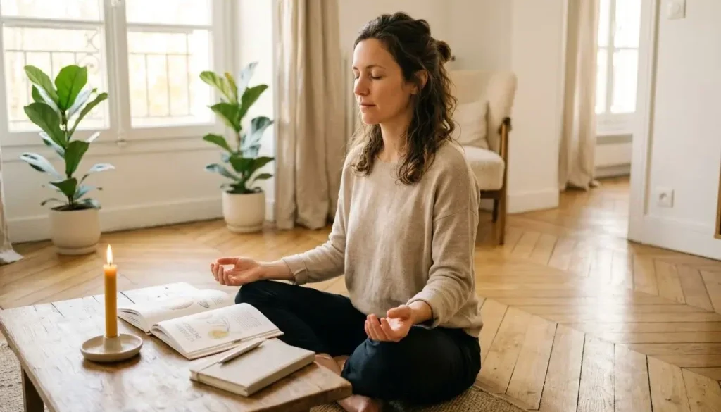 Personne assise en position de méditation sur le sol, près d’une table basse avec un livre ouvert et une bougie allumée, dans une pièce lumineuse et tranquille. Intègre le thème "cheminer vers soi livre" de façon fluide.