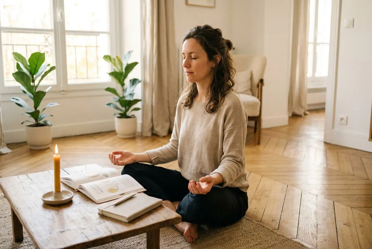 Personne assise en position de méditation sur le sol, près d’une table basse avec un livre ouvert et une bougie allumée, dans une pièce lumineuse et tranquille. Intègre le thème "cheminer vers soi livre" de façon fluide.