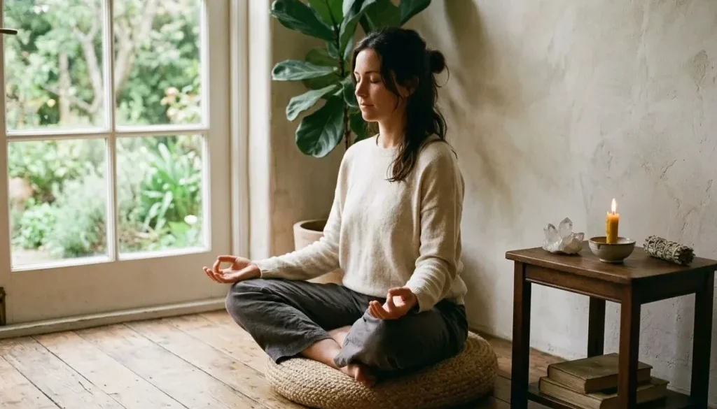 Personne méditant en posture lotus près d’une fenêtre, ambiance zen avec bougie et pierres sur une petite table. Intérieur calme, plantes vertes et lumière naturelle. comment découvrir ses capacités intégrée naturellement dans la description.