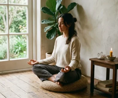 Personne méditant en posture lotus près d’une fenêtre, ambiance zen avec bougie et pierres sur une petite table. Intérieur calme, plantes vertes et lumière naturelle. comment découvrir ses capacités intégrée naturellement dans la description.