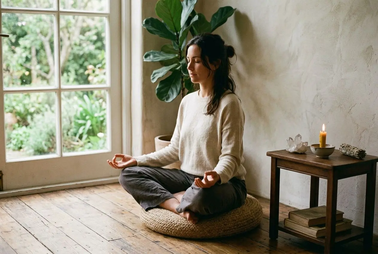 Personne méditant en posture lotus près d’une fenêtre, ambiance zen avec bougie et pierres sur une petite table. Intérieur calme, plantes vertes et lumière naturelle. comment découvrir ses capacités intégrée naturellement dans la description.