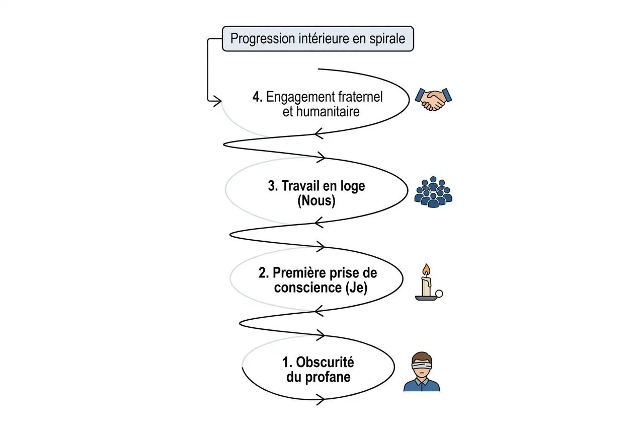 Progression intérieure en spirale vers la connaissance de soi en franc-maçonnerie, étapes: obscurité du profane, prise de conscience, travail en loge et engagement fraternel.