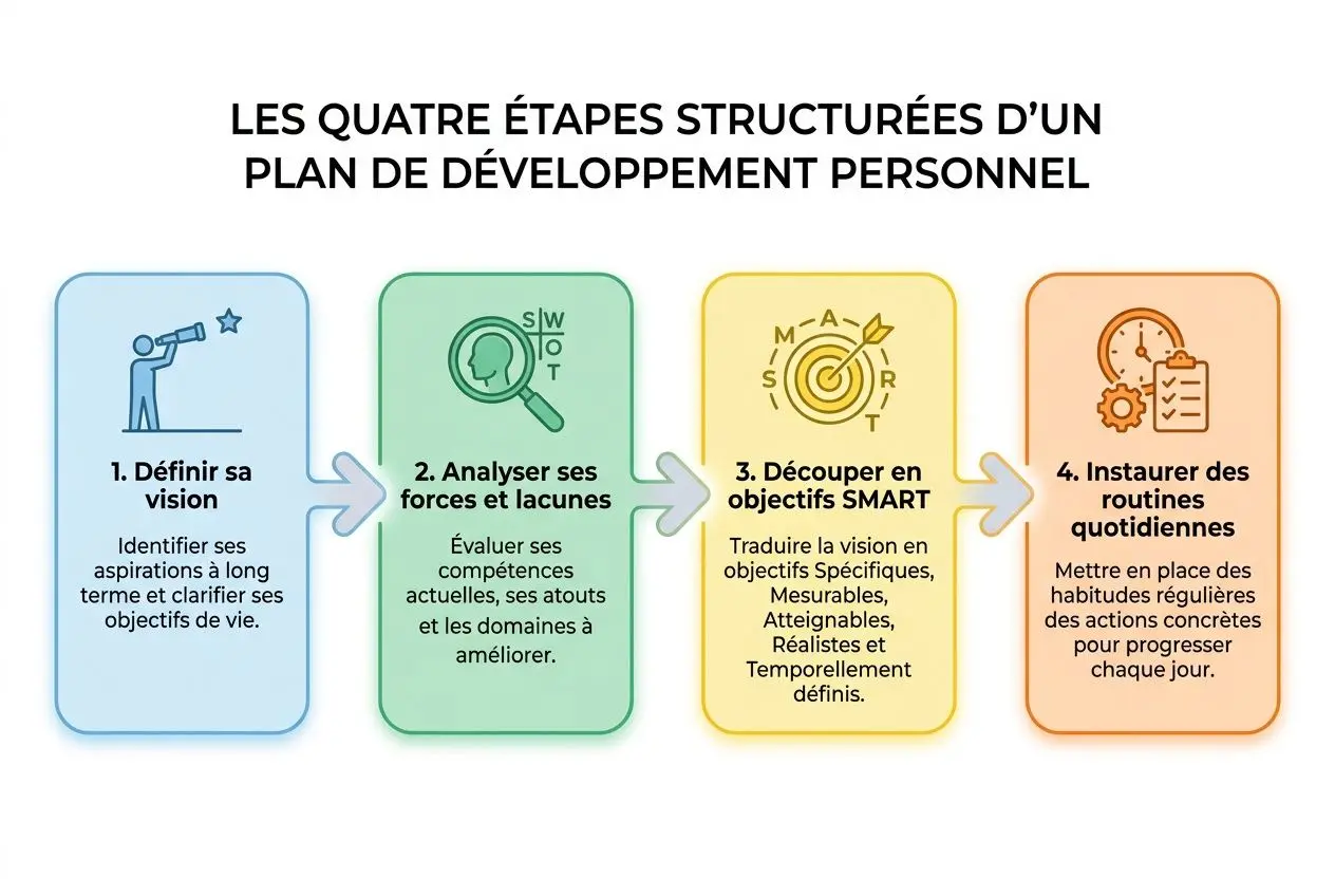 Les quatre blocs illustrés décrivent un plan de développement personnel : 1) Définir sa vision, 2) Analyser ses forces et lacunes, 3) Découper en objectifs SMART, 4) Instaurer des routines quotidiennes. Développement personnel définition intégrée.