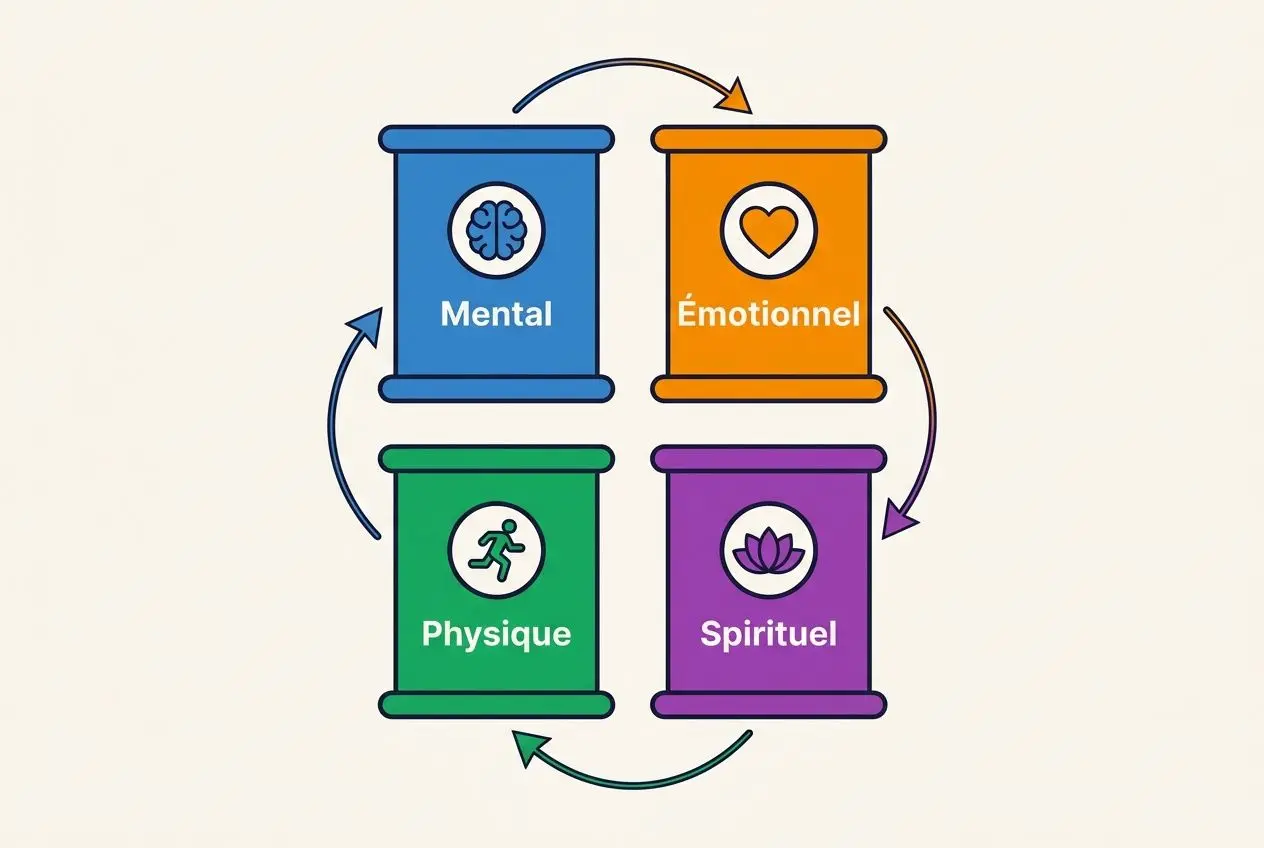 Quatre cylindres colorés représentant les dimensions du chemin de développement personnel: Mental, Émotionnel, Physique et Spirituel, liés par des flèches circulaires.