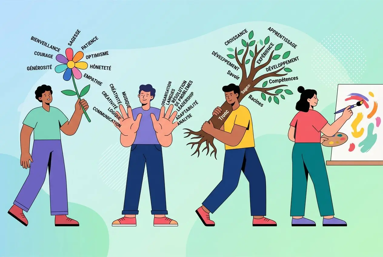 Quatre enfants illustrés explorant leur connaissance de soi: fleurs et mots positifs, mains ouvertes, arbre des compétences et enfant peignant sur une toile. activité connaissance de soi enfant, jeux pleins de sens.