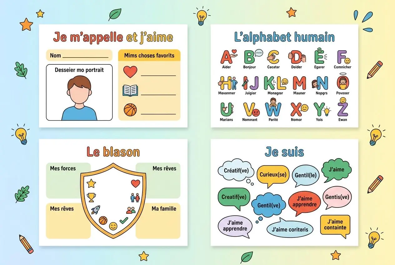 Quatre fiches illustrées sur l’épanouissement des adolescents: identité, alphabet humain, blason personnel et voix sur soi, avec icônes et bulles de dialogue. exercice connaissance de soi adolescent intégré.
