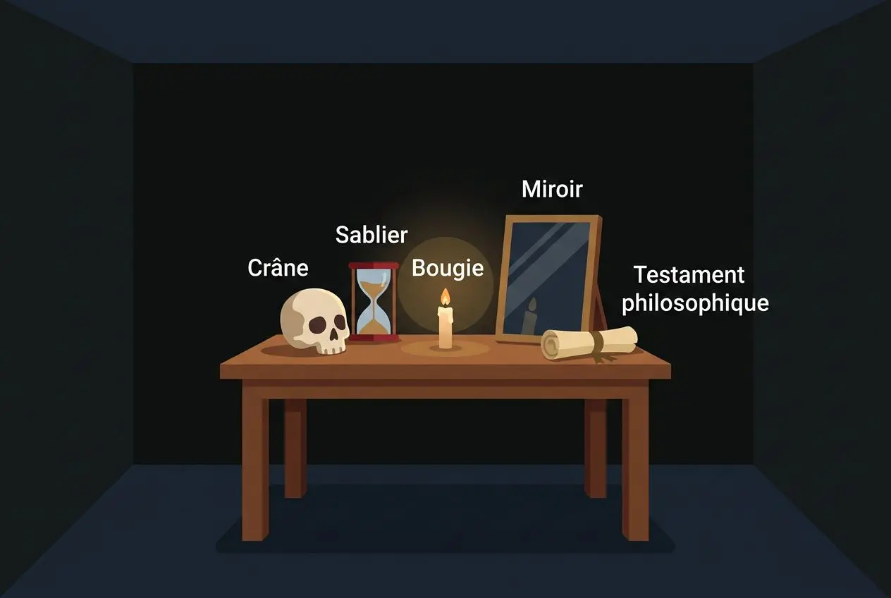 Tableau d’atelier maçonnique avec crâne, sablier, bougie, miroir et parchemin, symboles évoquant la connaissance de soi en franc-maçonnerie.