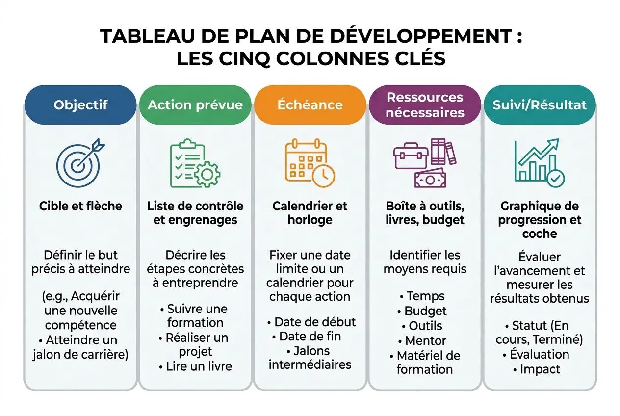 Tableau illustrant le plan de développement personnel et ses cinq axes : Objectif, Action prévue, Échéance, Ressources nécessaires et Suivi/Résultat.