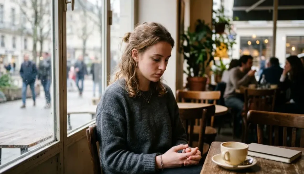 Femme assise dans un café près d’une fenêtre, l’air pensif, les mains jointes; une tasse et un carnet sur la table. Intègre subtilement les 12 signes d'un manque de confiance en soi.