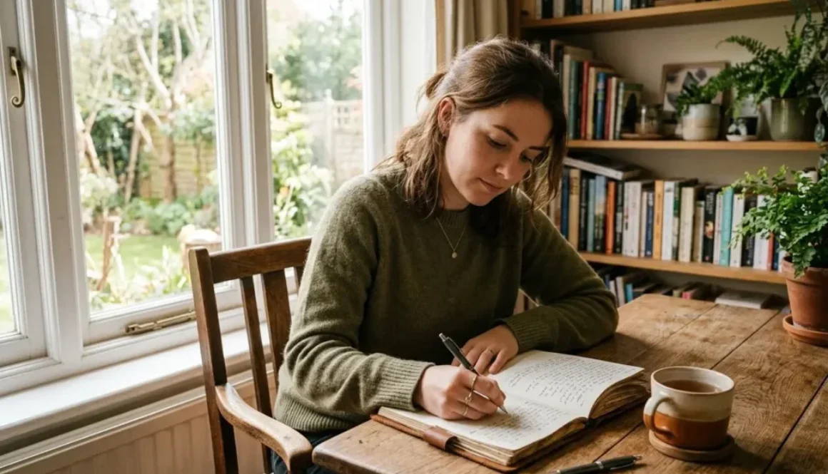 Femme écrivant dans un carnet posé sur une table en bois, près d’une fenêtre lumineuse; bibliothèque et plante en arrière-plan. liste de valeurs personnelles et professionnelles est suggérée.